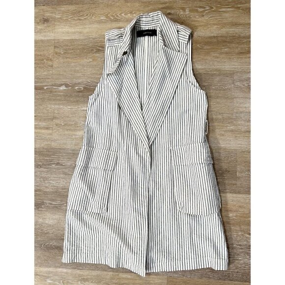 Zara Sz S Long Blue Ivory Striped Trench Seersucker Utility Duster Vest Jacket - Picture 2 of 12